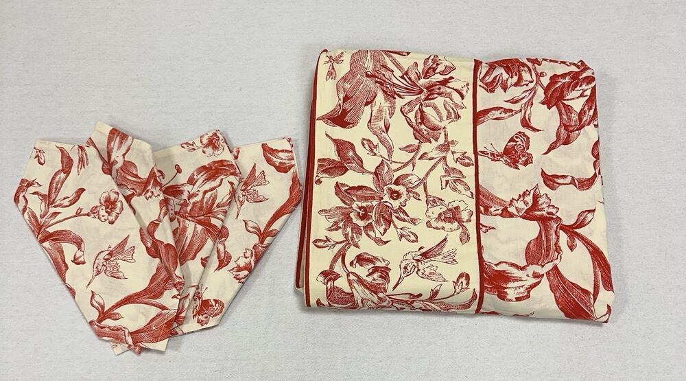 April Cornell CottageCore Red White Bird Toile Tablecloth 46x46 4 Napkins EUC